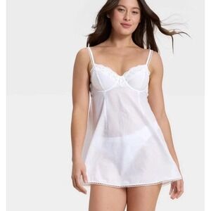 Auden Womens Woven Cotton Babydoll Lingerie Dress White large NWT